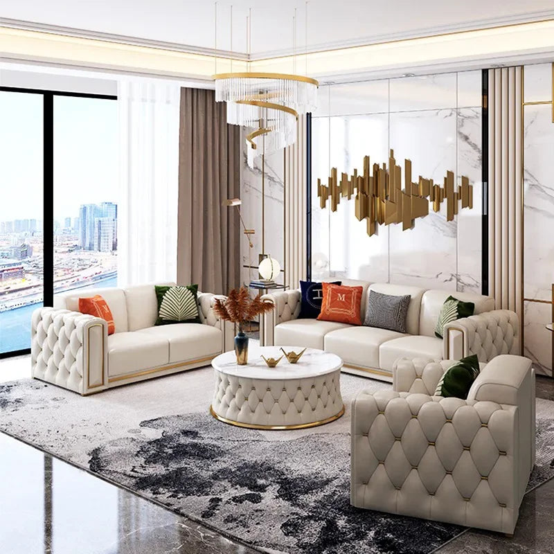 -Modern Luxury High-end Living Room Sofa Set Furniture Upholstered Full Leather Button Tufted Sofa Home