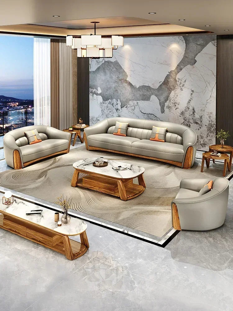 New Chinese Style Ugyen Wood Leather Sofa Large Apartment Combination New Furniture