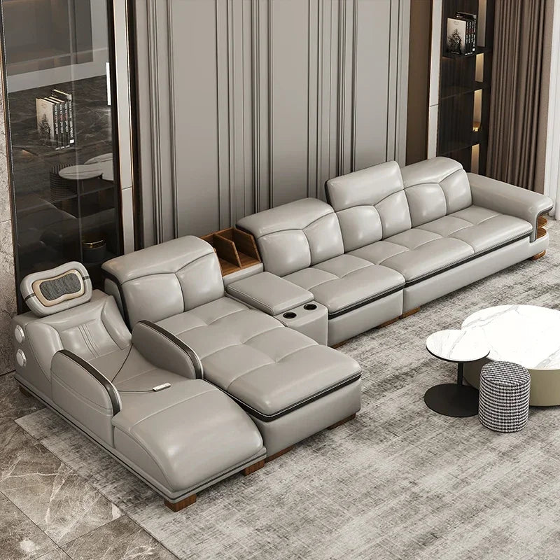 Smart Leather Sofa Massage for Left and Right Noblewomen, Cowhide Solid Wood Living Room Corner Small Unit