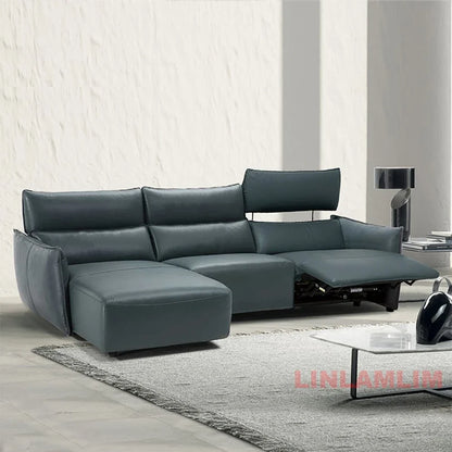 QY Dual Motor Power Reclining Genuine Leather Sectional Sofa with Adjustable Headrests, L-Shaped Corner Couch with Chaise Lounge