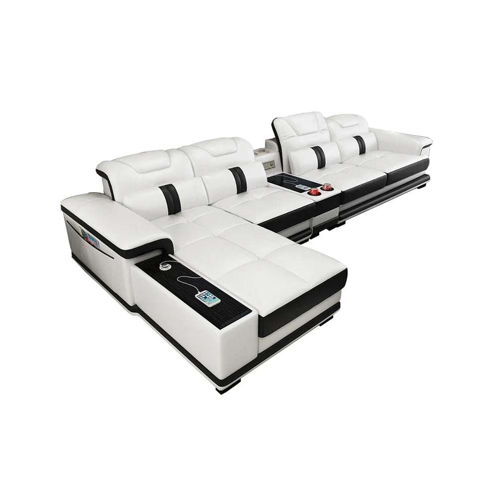 Customizable Modern Living Room Sofas L Shape Corner Genuine Leather Couch with Speake,Radio,USB, Bluetooth, Cup Holder