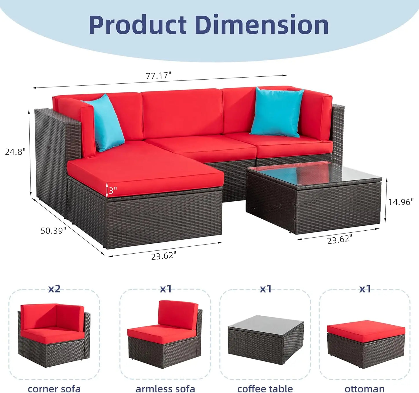 5 Pieces Small Patio Furniture Sets, All-Weather Outdoor Sectional Patio Sofa Wicker Rattan Patio SeatingSofas with Cushion