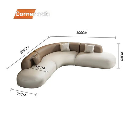 Curved Leather Corner Sofa Set with Solid Wood Frame, Modern Sectional Couches for Living Room, Comfortable Leather Couch Sets