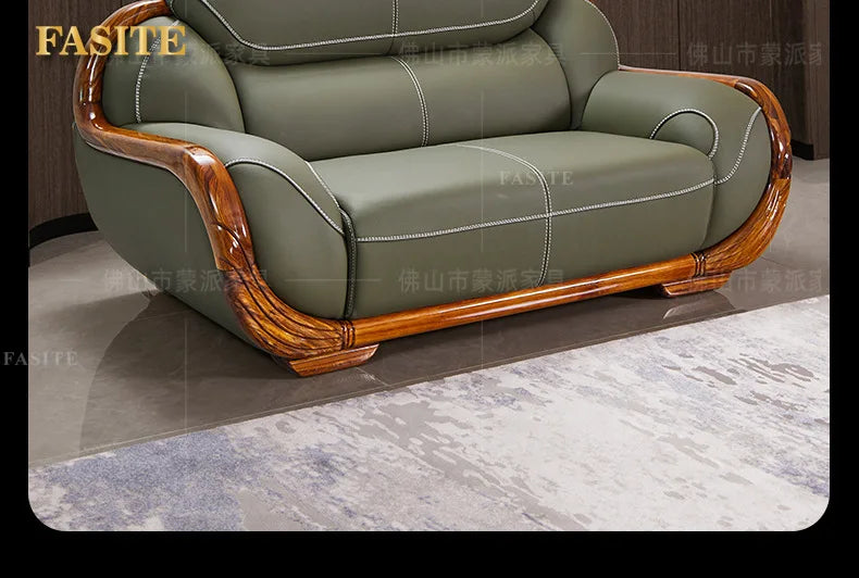 Ebony leather sofa first layer cowhide new Chinese high-end villa living room large apartment solid wood