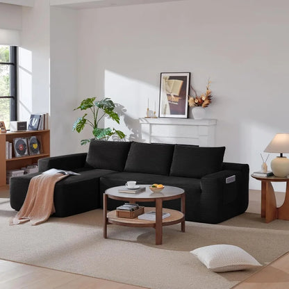 97" Modular Sectional Sofa L-Shape Chaise Deep Seat Corduroy Foam Living Room Left Facing No Assembly Black, Custom