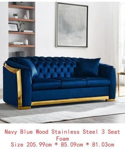 Navy Blue Velvet Chesterfield Sofa Set, Tufted 3-Seater Couch with Gold Stainless Accents for Living Room, New Package