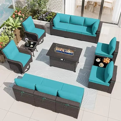 13-Piece Patio Furniture Set with 2 Swivel Chairs Gas Fire Pit Patio Conversation Set with 10 Cushions Outdoor Furniture Set