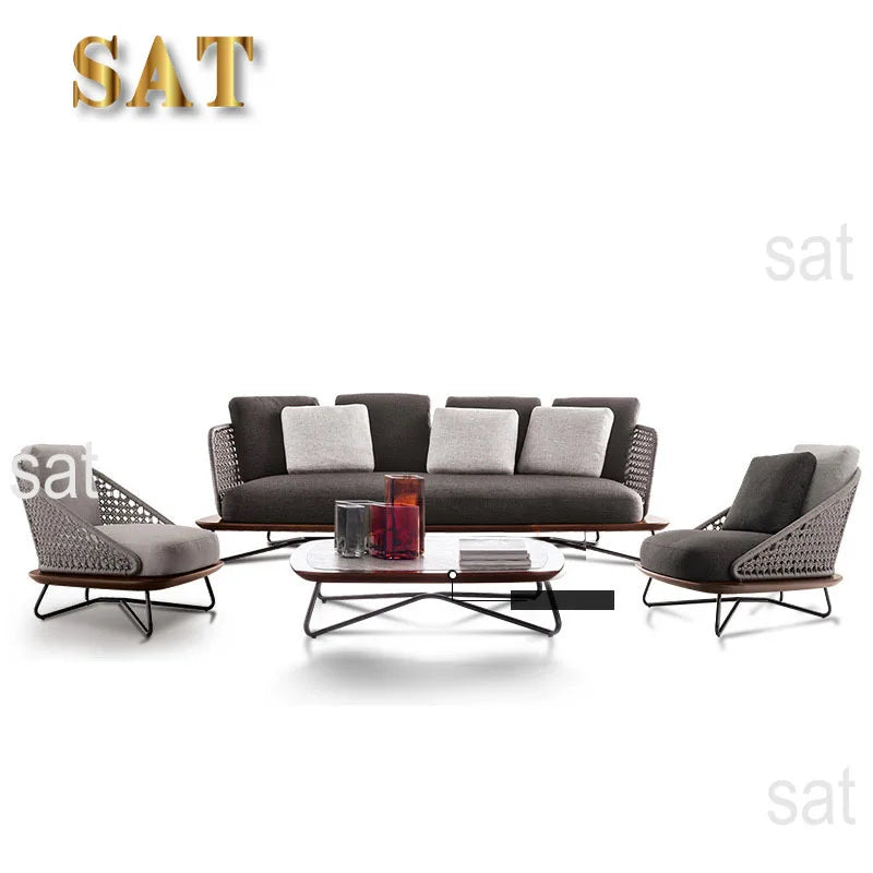#All Weather Outdoor Lounge Sofa Set L-Shaped Corner Aluminum Frame With Rope Weaving For Patio Hotels