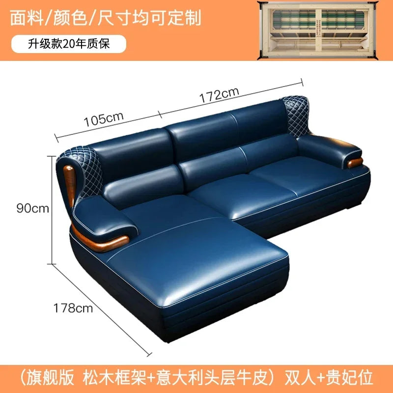 The first layer leather sofa high-grade villa solid wood high-end living room modern simple apartment blue Nordic style custom