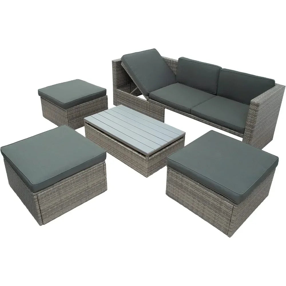 y 5-Piece Patio Furniture Sets with Adustable Backrest, Ottomans and Lift Top Coffee Table, All Weather Waterproof Wicker