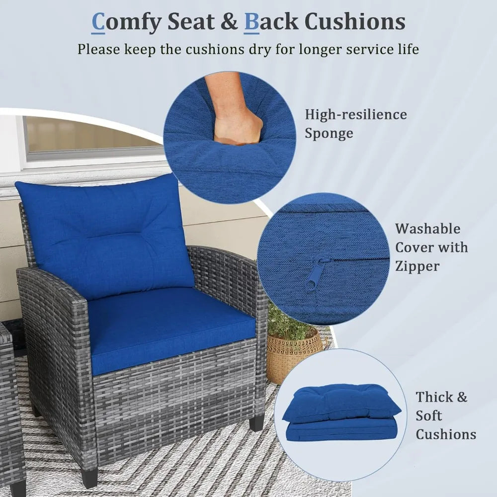 3 Piece Outdoor Patio Furniture Set PE Rattan Conversation Chairs with Washable Cushions Tempered Glass Table Top for Garden