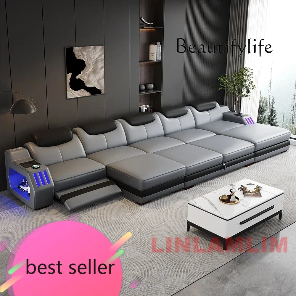 NEW Modern L-Shaped Sectional Sofa Bed with Adjustable Headrests & LED Lights, Genuine Leather Recliner Couch with Storage & USB