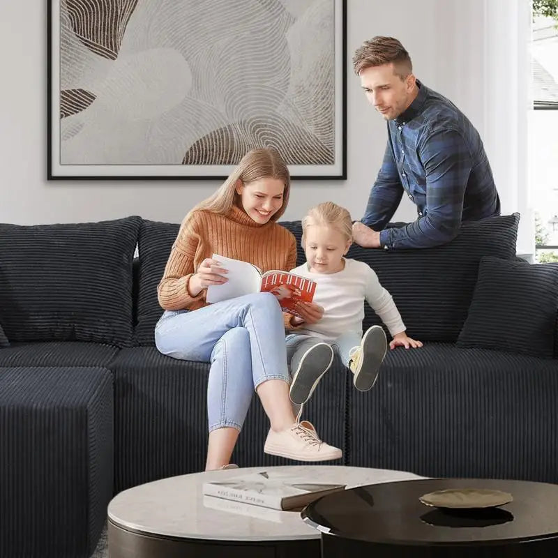 Modular U-Shaped Sectional Sofa in Black, Convertible Oversized Couch with Chaise Lounge, No Assembly Required, Soft Corduroy