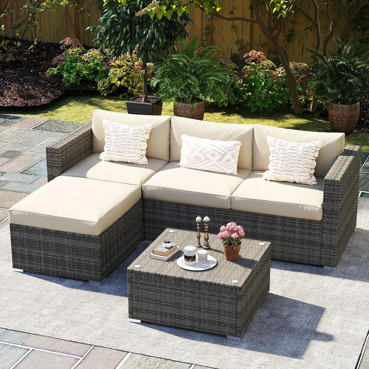 NEW-5 Piece Outdoor Patio Furniture Set,All Weather Wicker Rattan Sectional Sofa Conversation Set with Cushions & Glass Coffee T