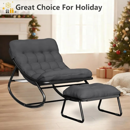 Oversized Patio Rocking Chair with Ottoman, Comfy Lounge Rocker Chair, Outdoor and Indoor Rocking Chairs with Deep Cushion, Meta