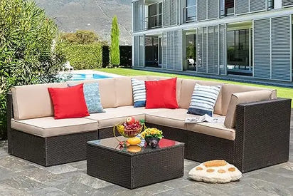 6 Piece Patio Furniture Set, Small Outdoor Sectional Sofa Couch, All Weather PE Wicker L-Shaped Corner Patio Sofa Garden Backya