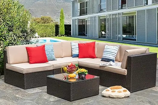 6 Piece Patio Furniture Set, Small Outdoor Sectional Sofa Couch, All Weather PE Wicker L-Shaped Corner Patio Sofa Garden Backya