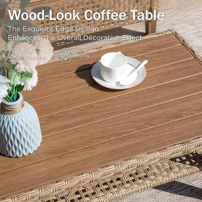 Wicker Patio Furniture Set, Sectional Outdoor Sofa with Cushions and Acacia Wood Coffee Table, L-Shaped Small Patio Co