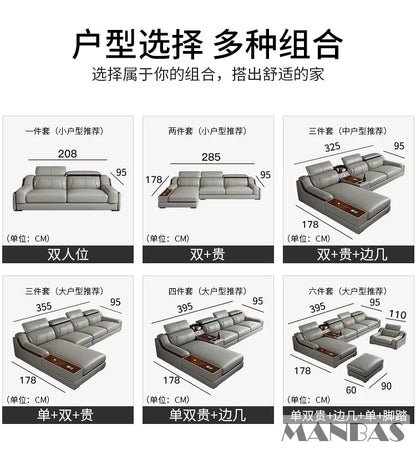 Modern Italian Genuine Leather Sofa for Living Room with Cup Holder, USB, Adjustable Headrests & Bluetooth Speaker - Linlamlim