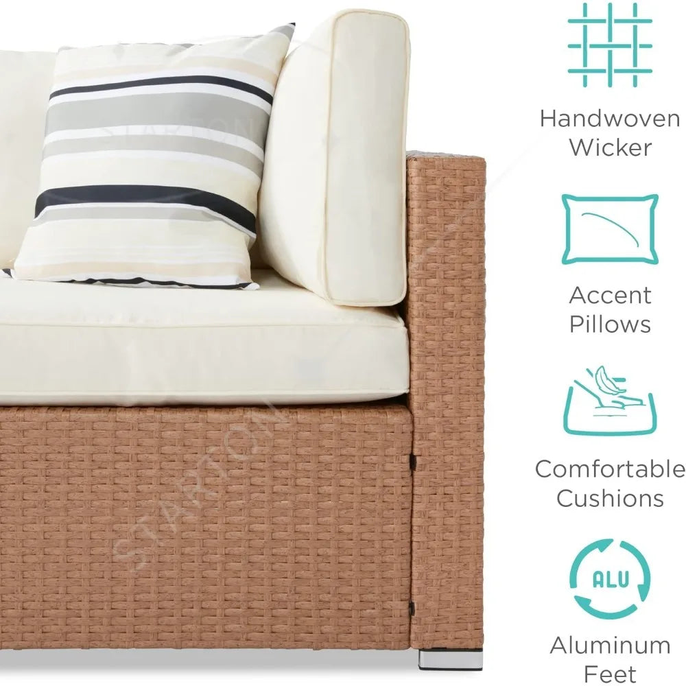 Seven Piece Modular Set, Outdoor Sectional Wicker Patio, Conversation With Two Pillows, Coffee Table Cover Included