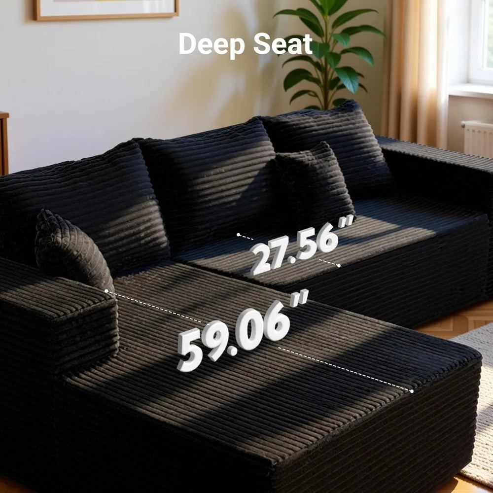 110" Boneless Couch, Cloud Couch Sectional, L-Shape Corduroy Modular Sectional Sofa Deep Seat, Upholstered Couches for Living