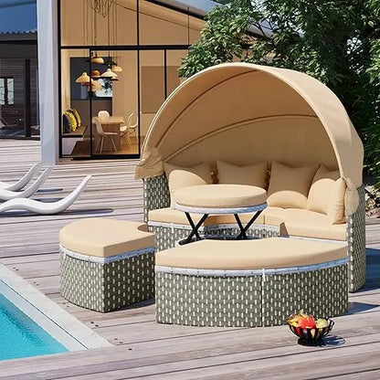 All-Weather Patio Round Outdoor Sectional Sofa Set with Retractable Canopy,Rattan Daybed Two-Tone Weave Sunbed with Separate Se