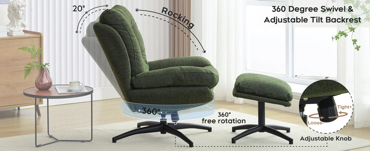 TODRANI 360° Chenille Rocking Swivel Accent Chair with Ottoman Ergonomic Reclining Lounge Chair for Living Room, Bedroom