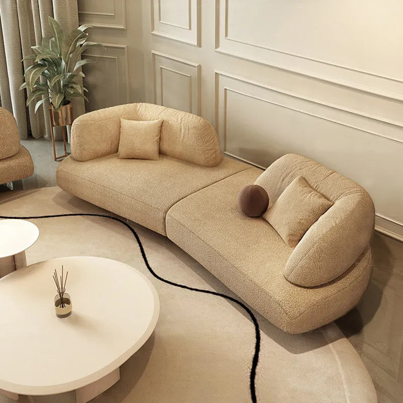 Luxury modern curved combination sofa, cream teddy velvet fabric, cloud shape