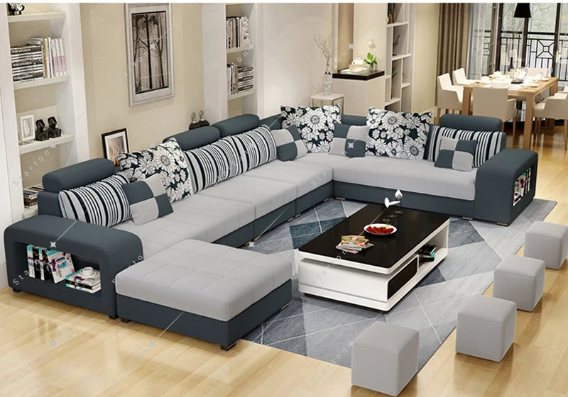 Modern Style Fabric Sectional Sofa Cum Bed Couch Living Room Sofas Set Home Luxury U Shaped Corner Sofa Set 7 Seater