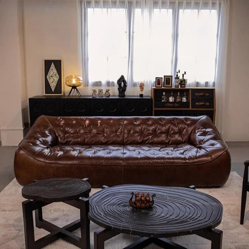 Leather sofa, small apartment living room straight row cowhide sofa