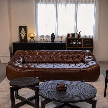 Leather sofa, small apartment living room straight row cowhide sofa