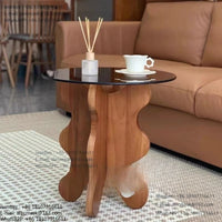 Table basse créative en bois massif avec bordure en pétales de style rétro français, plateau en verre trempé