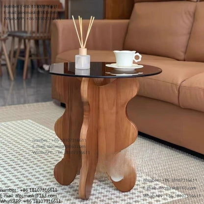 Table basse créative en bois massif avec bordure en pétales de style rétro français, plateau en verre trempé