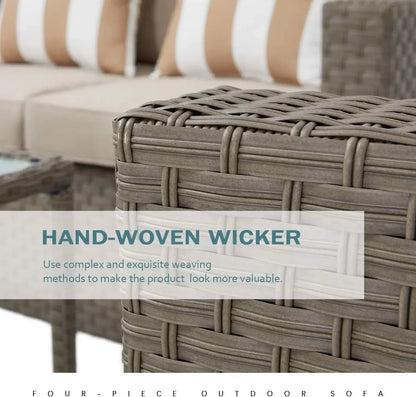 Outdoor Patio Furniture Conversation Set Rattan Wicker Chairs and Glass Top Table All-Weather and Thick Cushions