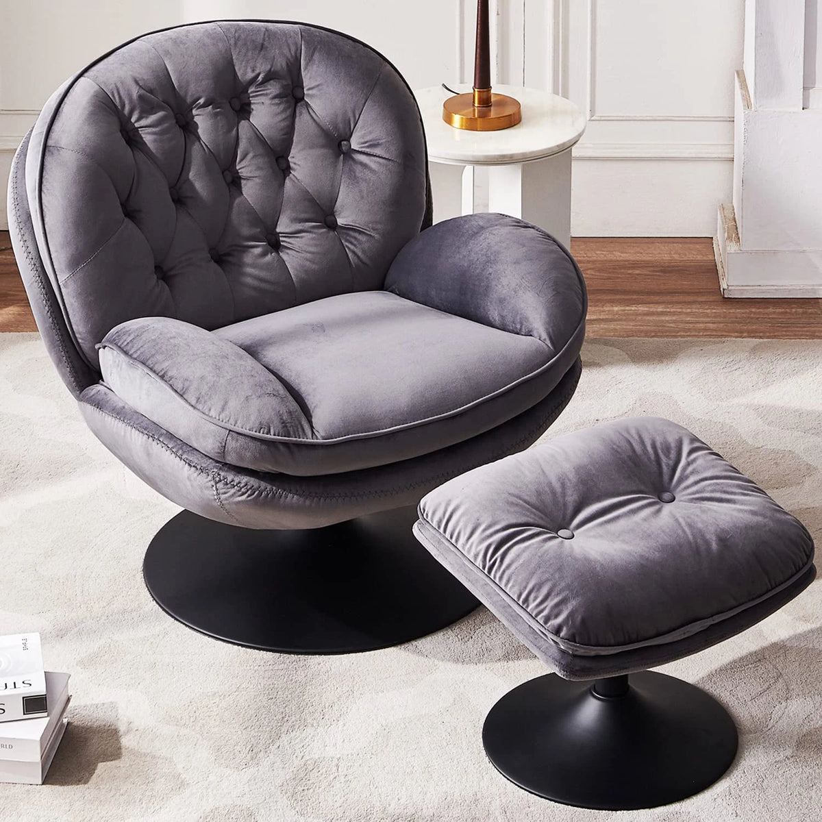 Velvet Swivel Armchair Set with Ottoman for Living Room - Modern Tufted Accent Chairs with 360° Swivel & Footrest - Comfy Chais