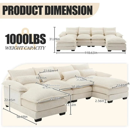 110'' U-Shaped Sectional Couch, Modern Chenille Extra Large Modular Sofa with 4 Cushions, Memory Foam Funiture Set with Double