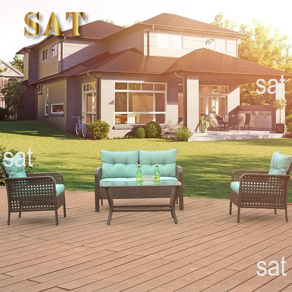 # New Arrival 4-Piece Rattan Patio Conversation Set With Blue Cushions