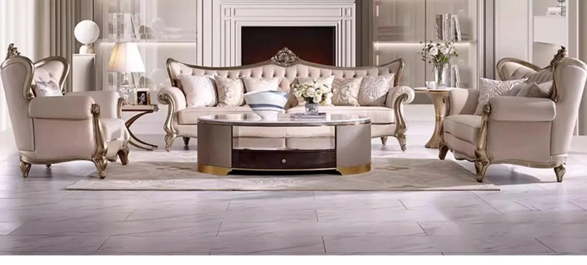 French cream wind solid wood leather living room sofa combination luxury villa sofa high-end luxury