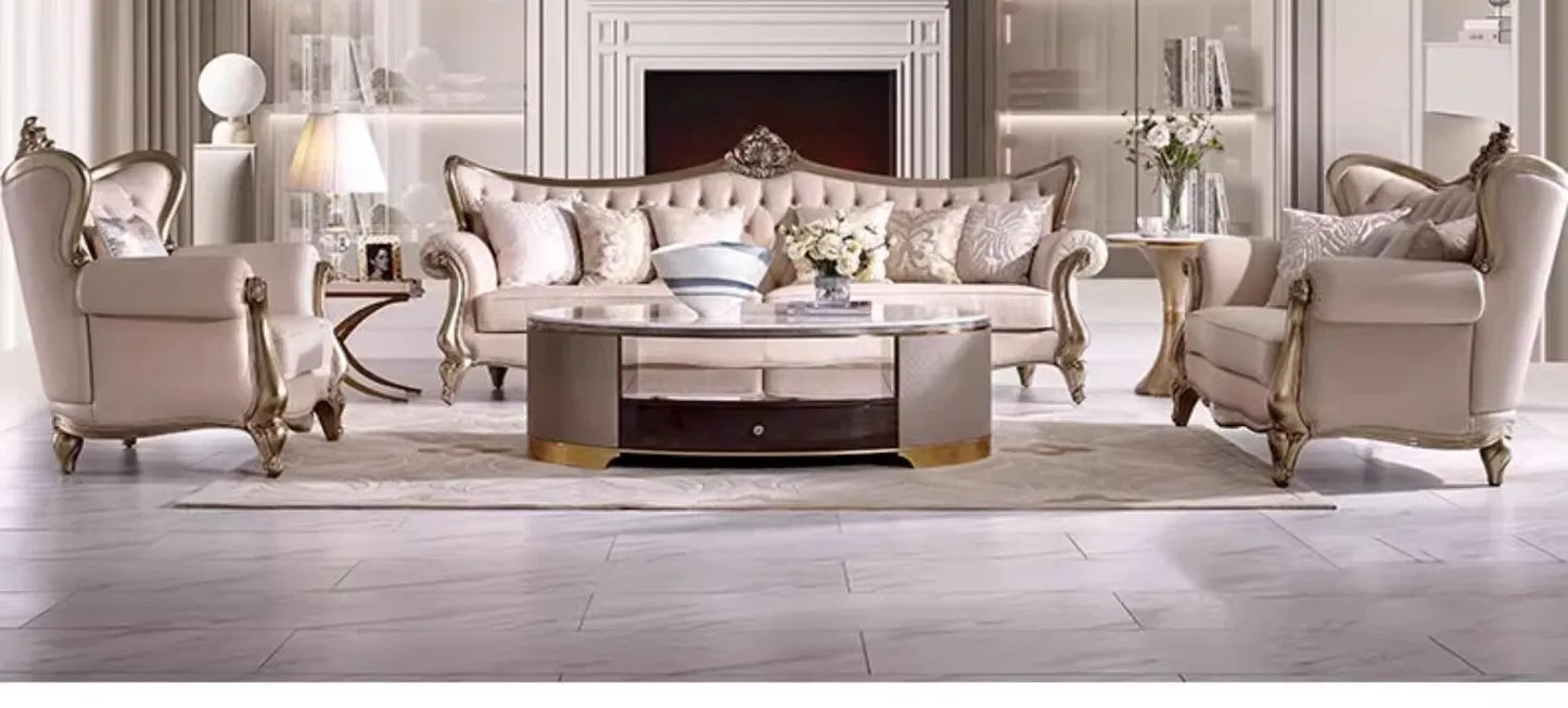 French cream wind solid wood leather living room sofa combination luxury villa sofa high-end luxury