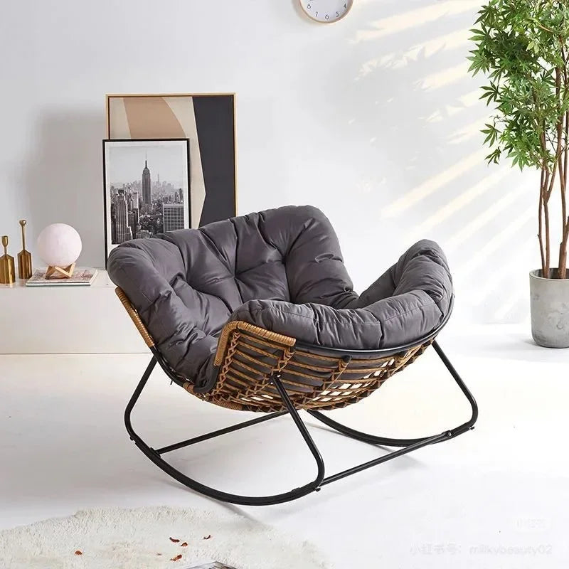 Light Luxury Outdoor Rattan Rocking Chair, Comfortable Backrest Cushion, Metal Frame, Garden Balcony Single Leisure Chair