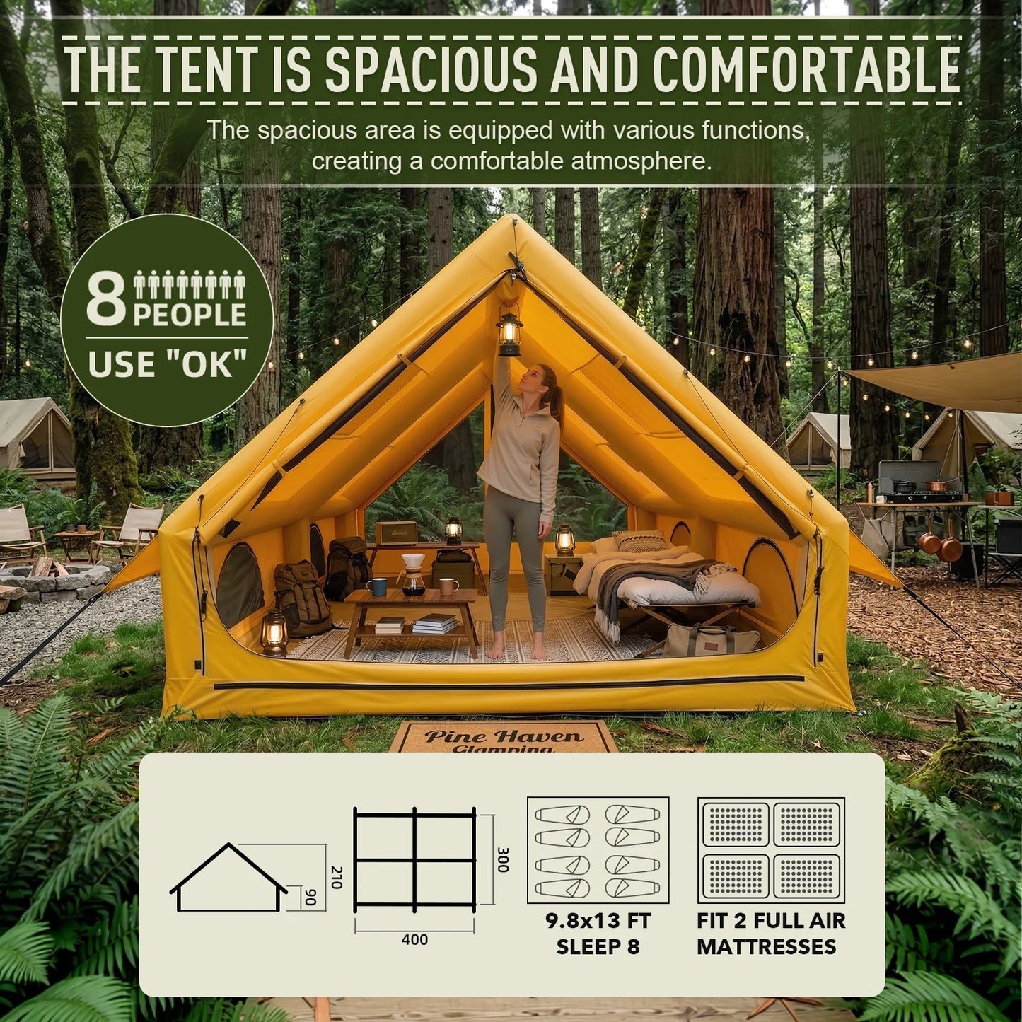 129 Sq Ft Inflatable Camping Tent Easy Setup Waterproof Oxford Air Tent House with Pump 4 Season Family Glamping Tent
