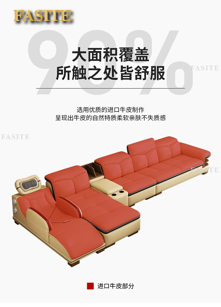 Smart Leather Sofa Massage for Left and Right Noblewomen, Cowhide Solid Wood Living Room Corner Small Unit