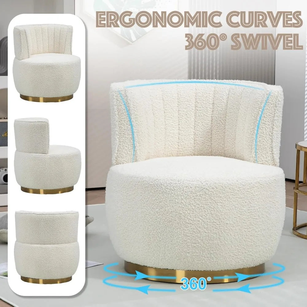 White Modern Swivel Chair, Round Upholstered Comfortable Accent Chair, Sherpa-Fabric Chair with Gold Base for Nurseries