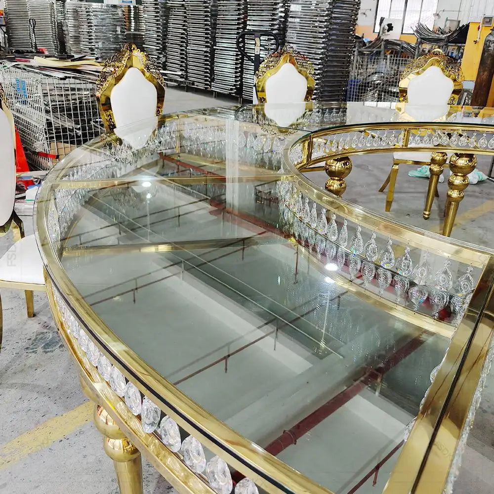 FSDKX Luxury S Shape Table for Wedding Glass Stainless Steel Circle Serpentine Table Wedding Crystals Hotel Banquet Dining Table