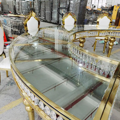 FSDKX Luxury S Shape Table for Wedding Glass Stainless Steel Circle Serpentine Table Wedding Crystals Hotel Banquet Dining Table