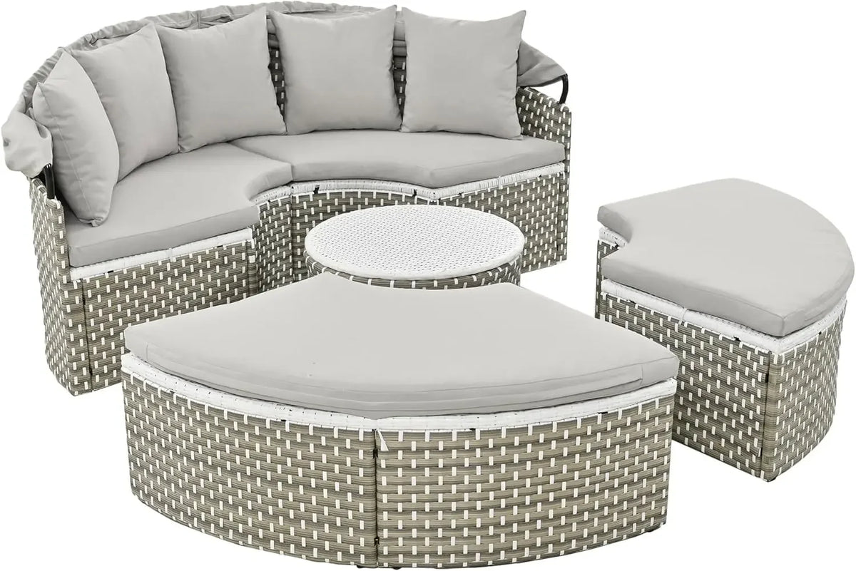 %a Patio Rattan Sunbed with Retractable Canopy, Round Outdoor Sectional Sofa Set with Separate Seating,liftable Table and Remov