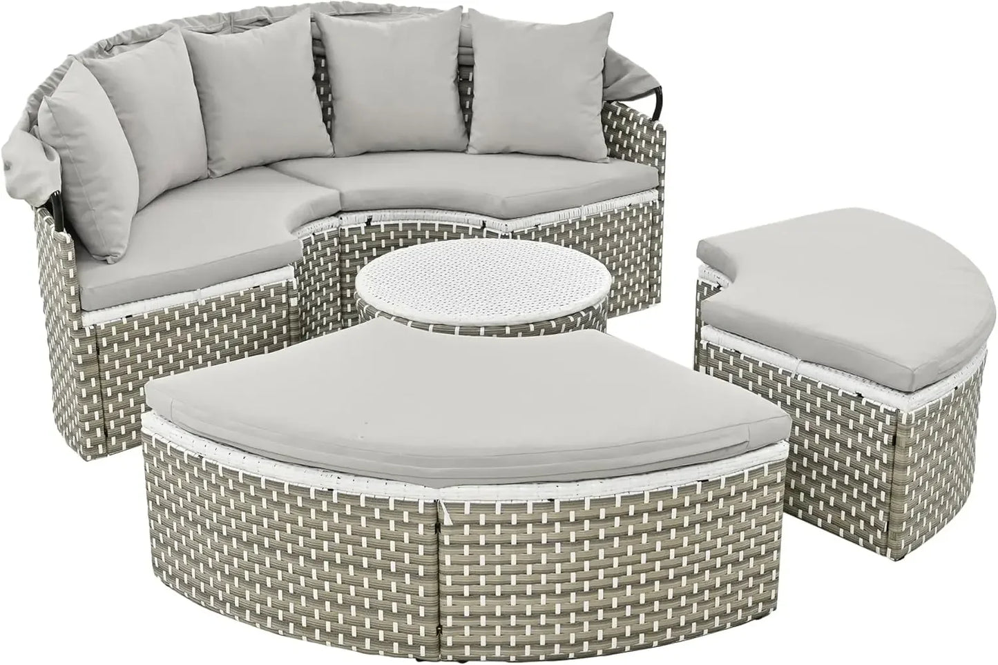 %a Patio Rattan Sunbed with Retractable Canopy, Round Outdoor Sectional Sofa Set with Separate Seating,liftable Table and Remov
