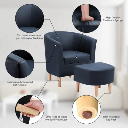 Leather Chair, Accent Chair Mid Century Modern with Ottoman Faux Barrel Comfy Armchair Upholstered Club Tub Round Arms for Livin