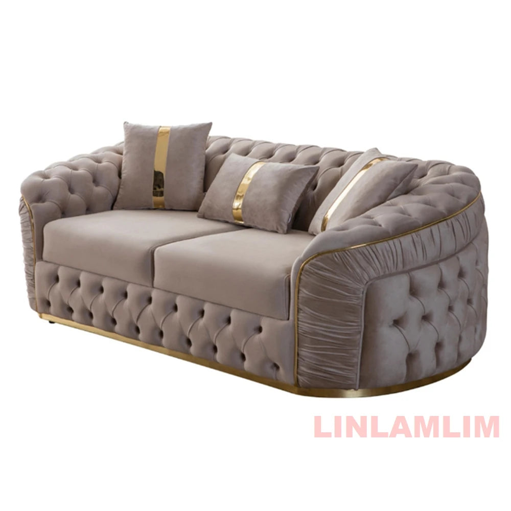 Luxury Chesterfield Sectional Sofa Set with Cloth Buttons and Fabric Modular Couch with Gold Stainless Steel Base, 3-seater Sofa