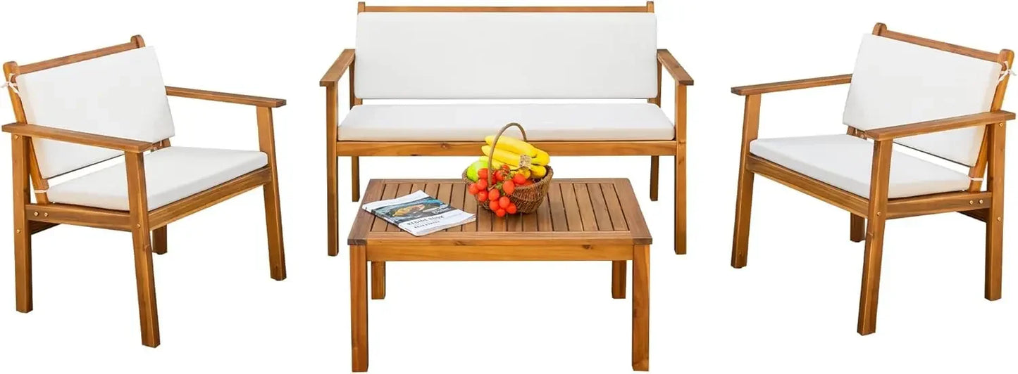 NEW-Patio Furniture 4 Piece Acacia Wood Outdoor Conversation Sofa Set with Table & Cushions Porch Chairs for Garden, Deck, Natur